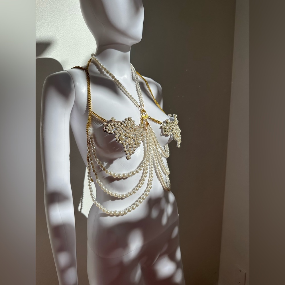 Mermaid Pearl Rhinestone & Gold Chain Jewelry Top fits B-D cup Handmade Unique - Picture 11 of 15